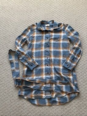 Pact Blue and Orange Plaid Button-Down Tunic Shirt 0555